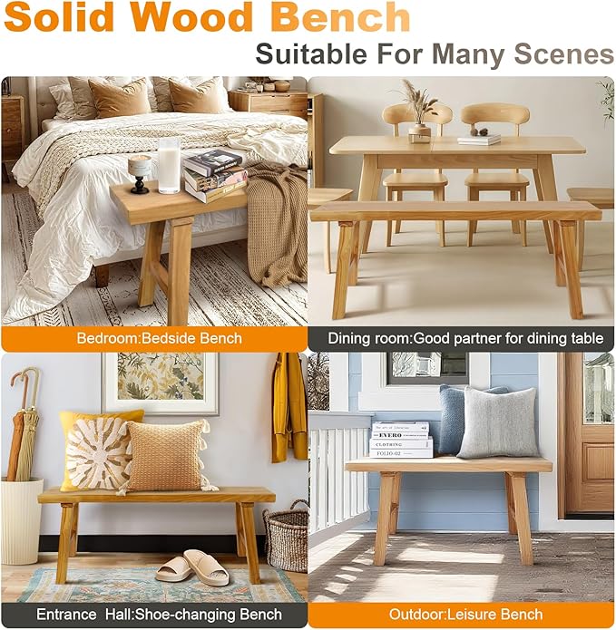 Farmhouse Solid Wood Bench: Long Rustic Indoor Narrow Wooden Bench for Entryway,Living Room, Dining Room,End of Bed,Hallway (39" Lx10 Wx18 H)