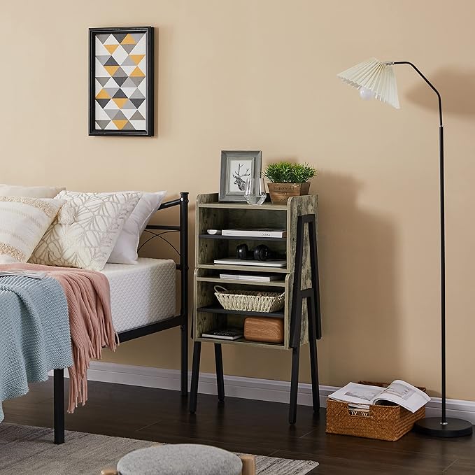 VECELO Nightstand Industrial Side End Table/Stackable Accent Furniture with 2-Tier Open Storage Compartments for Bedroom, Living Room and Small Spaces