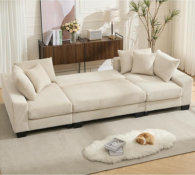 Symmetrical U Shaped Sectional Sofa Convertible Pull Out Sleeper Sofabed with Double Chaise Daybed , Corduroy Upholstered U Shaped Lounge Sofa Couch Bed w/ Throw Pillows for Living Room Apartment