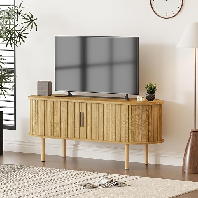 47.2" TV Stand, Modern TV Console Table with Storage Compartment and Sliding Door, Gaming Entertainment Center with Cabinet for Living Room, Bedroom, Office, Oak
