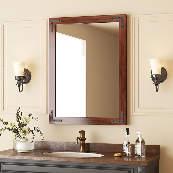 VocalStar Rustic Wood Framed Mirror 24 x 32 Inch, Natural Dark Brown Wooden Rectangle Bathroom Vanity Wall Mirror for Farmhouse Boho Decor, 1/4-inch Shatterproof Glass | Waterproof