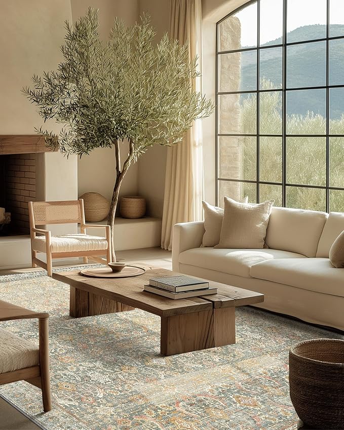 6X9 Area Rugs Machine Washable Rugs for Living Room, Vintage Boho Large Rugs for Bedroom Dining Room, Non Slip Indoor Soft Distressed Lightweight Thin Low Pile Carpet, Turmeric