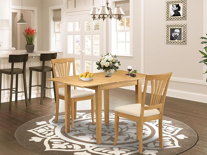 East West Furniture NDAV3-OAK-C 3 Piece Dining Room Table Set Contains a Rectangle Kitchen Table with Dropleaf and 2 Linen Fabric Upholstered Dining Chairs, 30x48 Inch, Oak