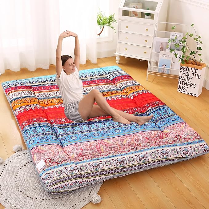 Bohemian Retro Japanese Floor Mattress, Vintage Floral Tatami Floor Mat, Portable Roll up Futon Mattress for Guest,Tavel (C,Queen80 X 60")