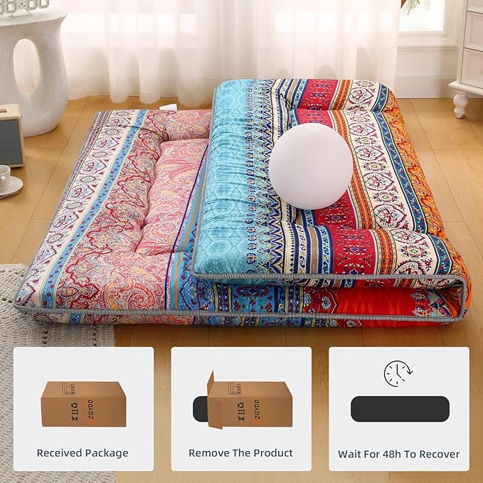 Bohemian Retro Japanese Floor Mattress, Vintage Floral Tatami Floor Mat, Portable Roll up Futon Mattress for Guest,Tavel (C,Twin 80" x 36")