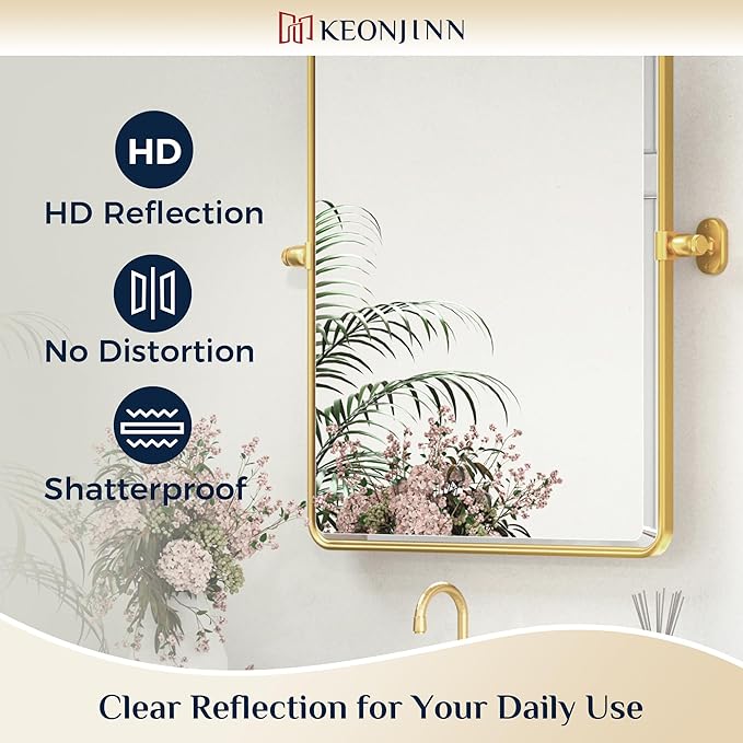 Keonjinn Brushed Gold Pivot Mirror Bathroom, 20x30 in Tilt Mirror Bathroom for Over Sink, Rounded Corner Modern Pivot Rectangle Mirrors, Metal Framed Beveled Bathrooms Mirror (Horizontal/Vertical)