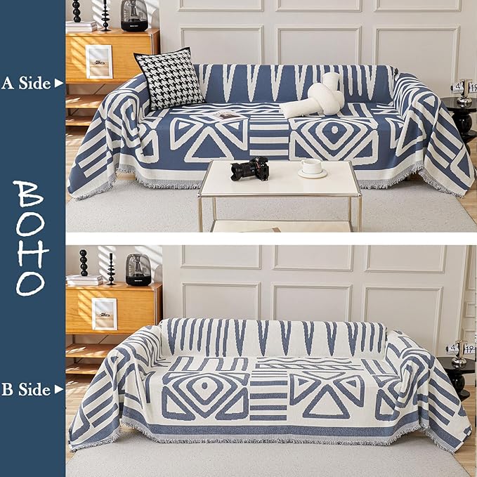 HANDONTIME Boho Chenille Sofa Cover - Denim Blue Reversible Blanket for L Shaped Sectional Couch - Geometric Protector for Dogs, 71" X 71"