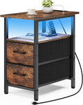 Vagusicc Nightstand with Charging Station and LED Lights, Narrow Side Table, LED Night Stand with 2 Fabric Drawers, Bedside Table with USB Ports and Outlets, Tall Nightstand for Bedroom, Rustic Brown