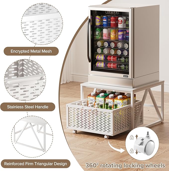 Urban Deco Mini Fridge Stand with Storage, Heavy Duty Fridge Cart with Drawer Basket, Mini Refrigerator Table for 220 LBS, Mobile Fridge Stand with Swivel Wheels for Dorm,Office,Home,White