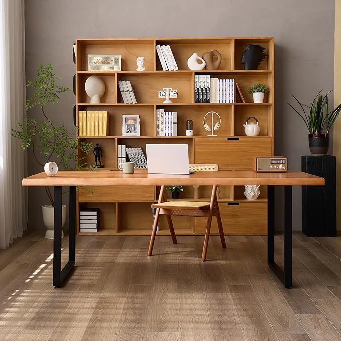 Stylish Solid Wood Office Desk with Sturdy Metal Base - Durable Executive Computer Desk or Dining Table in Multiple Sizes - Perfect for Home Office and Work Environments (Tan62.99in)