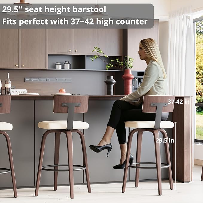 IRONCK Counter Height Bar Stools Set of 2, 29'' Faux Leather Upholstered Barstools with Back, Footrest, Wood Texture Bent Legs, Mid-Century Modern 360° Swivel Bar Stools for Kitchen Island, White