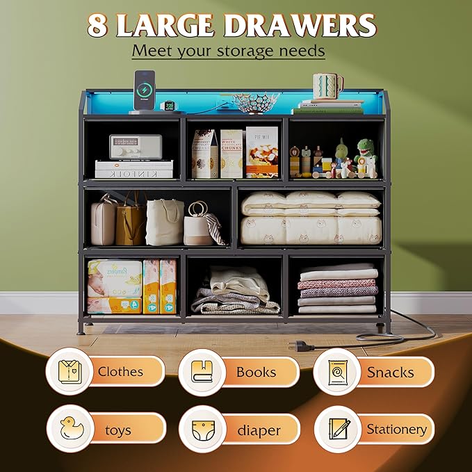 WLIVE Led Dresser for Bedroom, Black Dresser TV Stand for Bedroom with LED Lights and Power Outlet, Wide Chest of Drawers for Hallway, 8 Fabric Drawers for Living Room and Entryway, Easy to Assemble