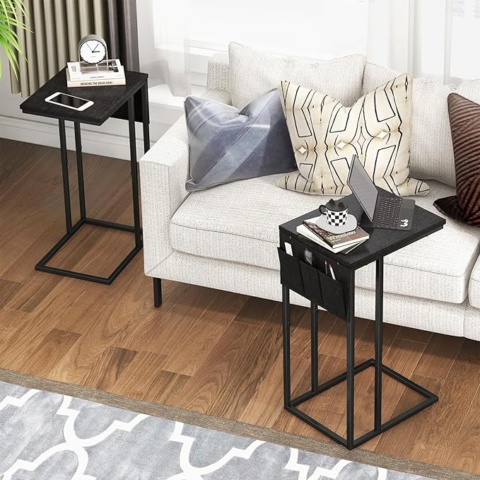 C Shaped End Table for Couch, Small Couch Side Table for Sofa, C Side Table with Storage Bag, TV Tray Table for Living Room, Bedside Table for Bedroom, Snack End Table for Couch, Black