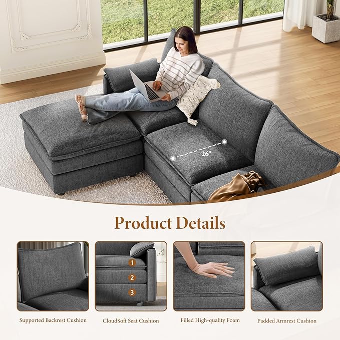 Vesgantti 108" Modular Sectional Sofa, Comfy Cloud Couch with Movable Ottoman Deep Seat Chenille L Shaped Modular Sofa, Sectional Couches for Living Room, Bedroom and Apartment, Gray
