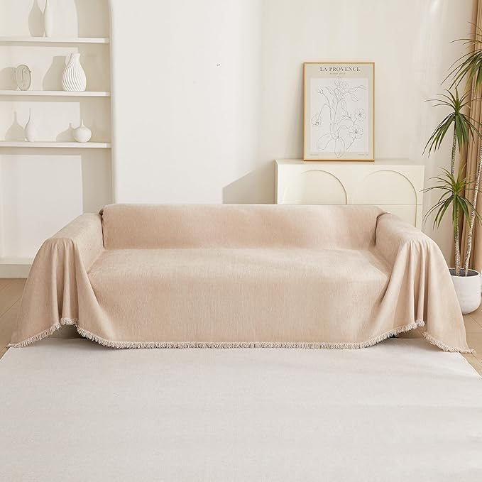 MYSKY HOME Couch Cover 3 Cushion Sofa With Tassel Chenille Slipcover for Sectional L Shaped Furniture, Dogs Protector, 71" X150", Khaki