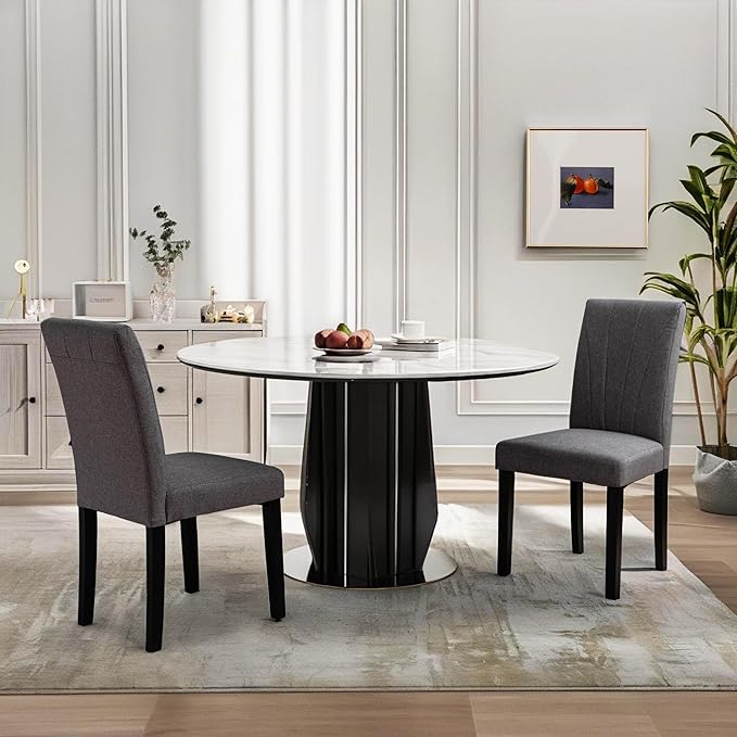 VECELO Upholstered Dining Chairs Set of 2, Modern Fabric and High Back & Solid Wood Legs, Parsons for Kitchen/Living Room- Dark Gray