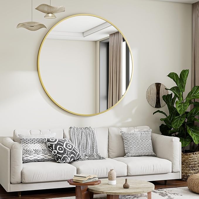 Black Round Bathroom Mirror, 42 inch Large Circle Wall Mounted Hanging Mirror with Simple Modern Circular Metal Frame for Hallway, Entryway, Living Room, Gold Frame