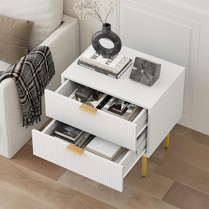Nightstand, White Night Stand with Fluted Panel, Bedside Table with 2 Drawer, Large Mid Century Modern Nightstand with Gold Leg, End Tables for Bedroom