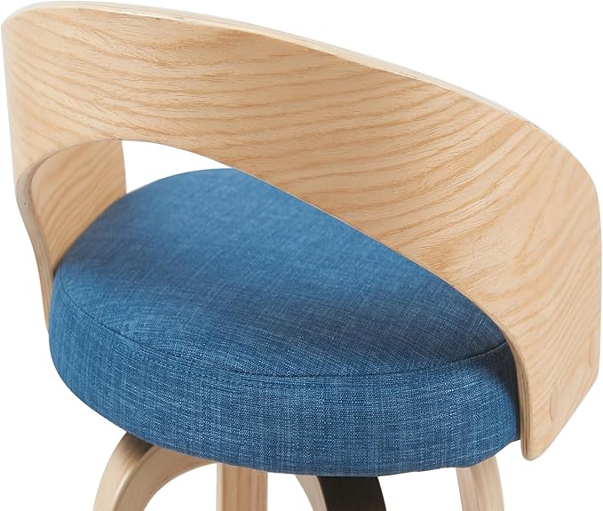 Sonia Modern Swivel Counter Height Bar Stool with Blue Upholstered Seat and Patterned Oak Wood Finish Set of 2