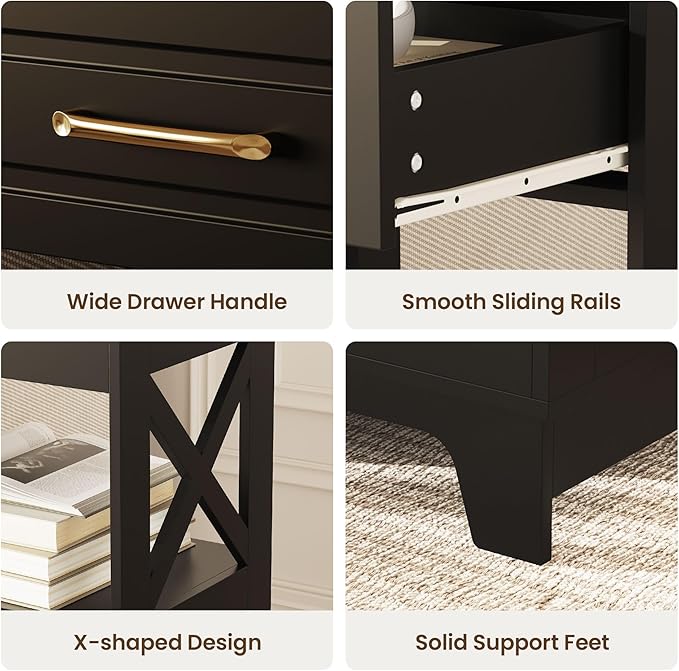 Tall Nightstand Set of 2 Side Table with 2 Drawers Modern Night Stand Wooden End Table Bedside Table with Below Open Shelf Solid Feet for Bedroom, Living Room, Black