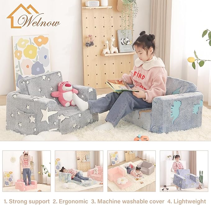 Welnow Toddler Chair, 2-in-1 Soft Sherpa Kids Sofa, Convertible Toddler Couch Lounger, Flip Out Kids Couch Chair with Side Pockets & Removable Cover for Girls and Boys, Grey