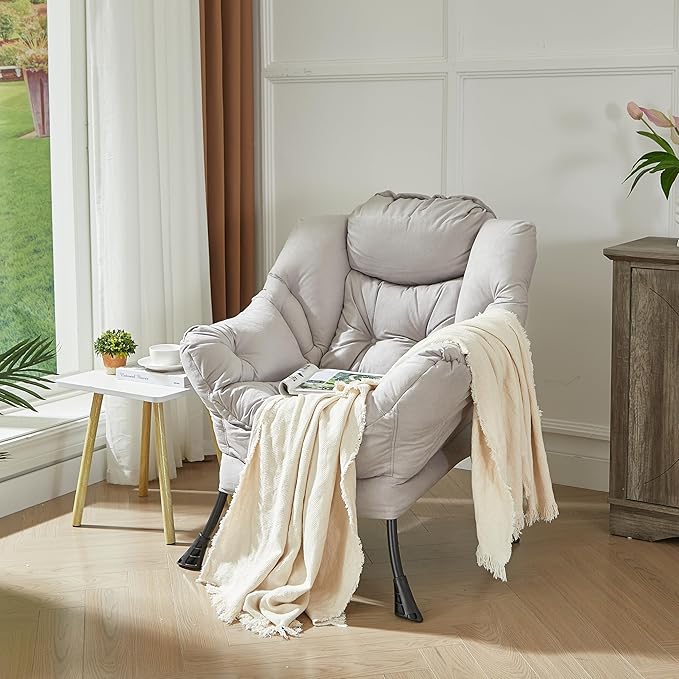 HollyHOME Modern Large Cotton Fabric Lazy Chair，Accent Contemporary Lounge Chair, Single Steel Frame Leisure Sofa Chair with Armrests and A Side Pocket, Grey