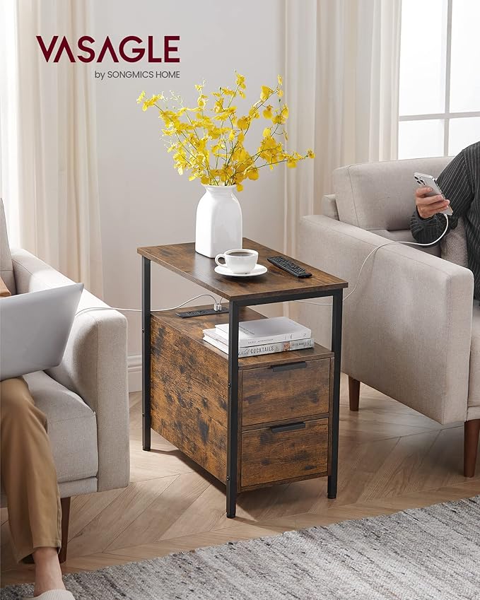 VASAGLE Side Table with Charging Station, Narrow End Table with 2 Drawers, Slim Nightstand and Bedside Table with Storage, for Small Spaces, Rustic Brown + Black
