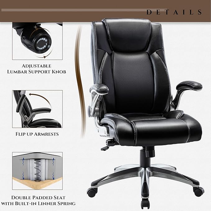 COLAMY Ergonomic Home Office Chair-Adjustable Lumbar Support for Extra Comfort, High Back Design with Padded Flip-up Arms for Adult Working, Study, Gaming (Black), 250lbs