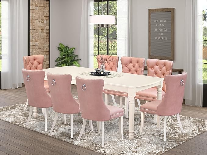 East West Furniture DODA9-LWH-23 9 Piece Kitchen Set Contains a Rectangle Dining Table with Butterfly Leaf and 8 Polyester Fabric Upholstered Chairs, Linen White