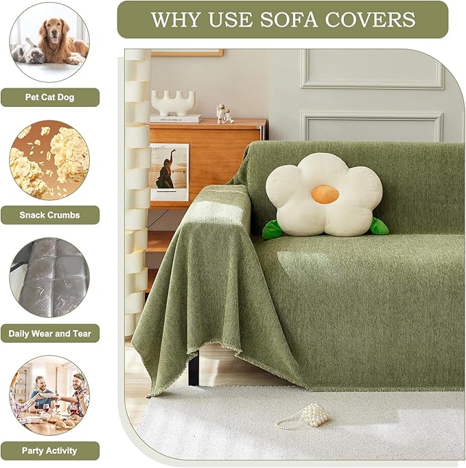STACYPIK Breathable Matcha Green Sectional Couch Covers Thick Sofa Cover for Dogs Herringbone Pet Protector for 3 Cushion Couch L Shape Sofa Cover Futon Cover Decorative for Couch-71X134IN