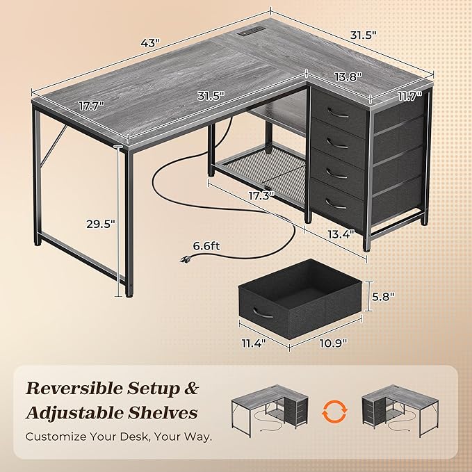 PRAISUN 43.3" Small Computer Desk with Power Outlets and USB-C Port, Reversible L Shaped Corner Office Desk with 4 Fabric Drawers and 2 Height-Adjustable Shelves, for Gaming Writing, Grey