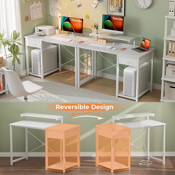 Computer Desk with Adjustable Monitor Stand, 39.4 in Small Desk with Reversible Storage Shelves, Office Desk with Spacious Desktop Spaces for Home Bedroom Workstation, White