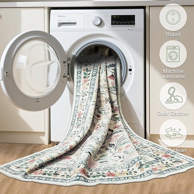 Area Rugs 9x12 Living Room: Floral Washable Rug Vintage Large Soft Boho Non-Slip Carpet Indoor Stain Resistant Low Pile Carpets for Bedroom Dining Room Farmhouse Nursery Home Office Green Beige