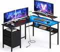 VASAGLE L-Shaped Desk with Power Outlets, Computer Desk with Monitor Stand, Corner Desk, Gaming Desk with LED Lights, 2 Drawers, Easy to Assemble, for Home Office, Ebony Black ULWD095B56