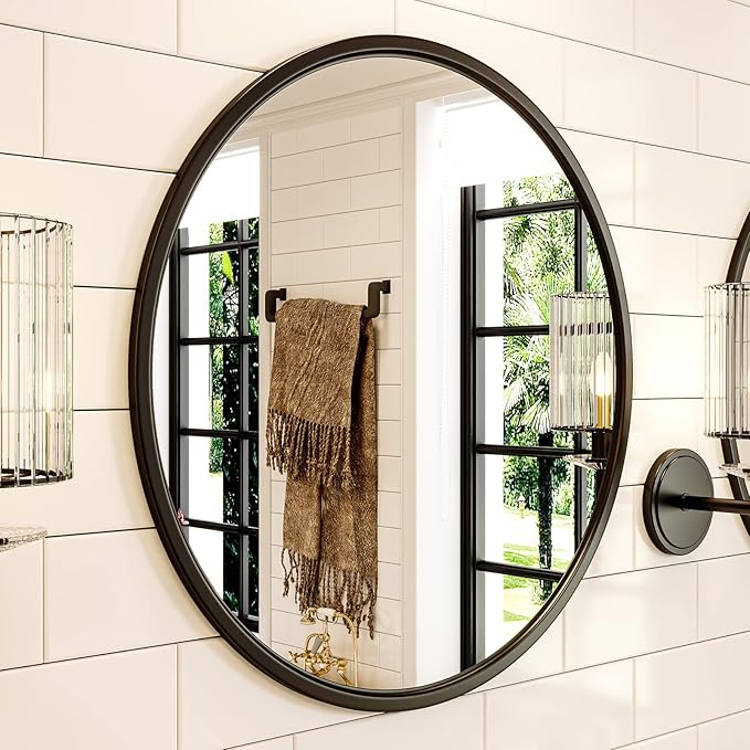Growsun 24'' Black Round Mirror, Circle Wall Mirror for Bathroom Vanity, Entryway Living Room with Metal Frame for Home Decor