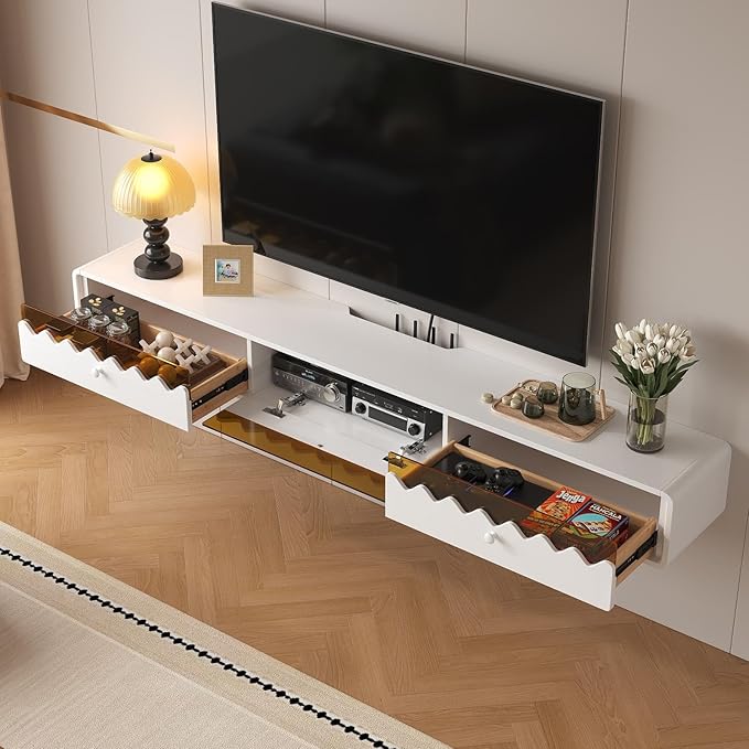 Floating TV Stand, 47IN Fully-Assembled Wall Mounted Wave Glass with Flip-Down Door & Drawers, Modern Media Entertainment Console Under TV Shelf for Livingroom