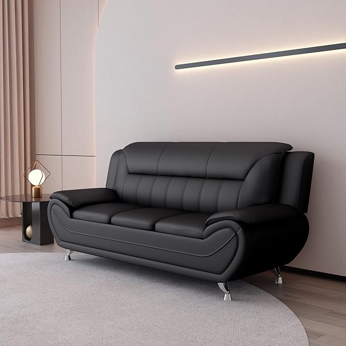 Container Furniture Direct Michael Modern Faux Leather Upholstered Stainless Steel Legs Living Room Sofa, Midnight Black