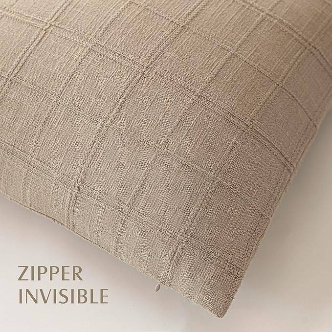 Foindtower Set of 2 Decorative Linen Check Throw Pillow Covers Neutral Farmhouse Vintage Cushion Covers Modern Coastal Boho Home Decor For Sofa Chair Couch Bedroom Living Room Outdoor,20×20 Inch,Camel