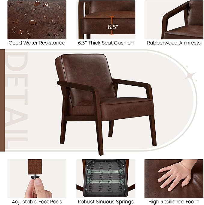 Yaheetech PU Leather Accent Chair, Mid-Century Modern Barrel Chair with Wooden Frame and Soft Thick Padded for Living Room Bedroom Home Office, 2 PCS, Dark Brown