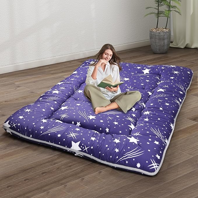 Japanese Floor Mattress,4" Thicken Japanese Floor Sleeping Pad Foldable,Futon Mattress Suitable for Camping and Guest Room (Blue, Queen (80" X 60"))