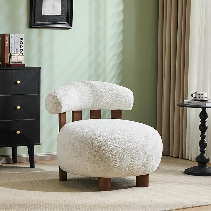 Christopher Knight Home Elvina Boucle Fabric Accent Chair, Solid Wood Single Lounge Sofa, Bedroom Comfy Reading Chair, for Modern Minimalist Style Living Room/Home Office, Milky White+Walnut