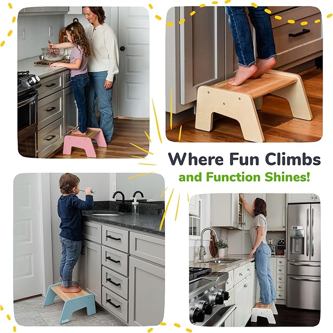 1-Step Wooden Step Stool for Toddlers | Kids Step Stool for Bathroom Sink, Kitchen, and Potty Training | Non-Slip Stool for Toilet Independence | Wooden Step for Children Ages 2+ Pink