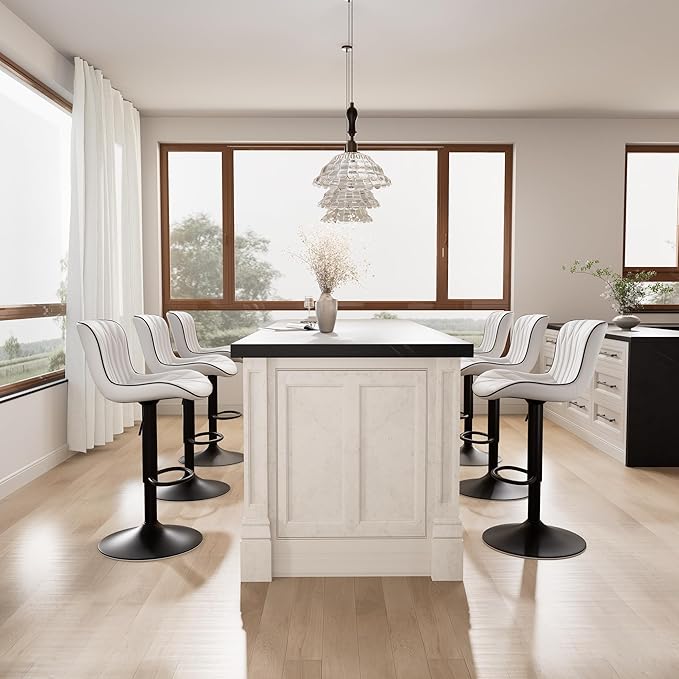 YOUNIKE White Bar Stools Set of 6 Modern Swivel Counter Height Bar Chair with Back Adjustable Kitchen Island Faux Leather Padded Barstools taburetes de bar Breakfast sillas para barra de cocina 6PCS