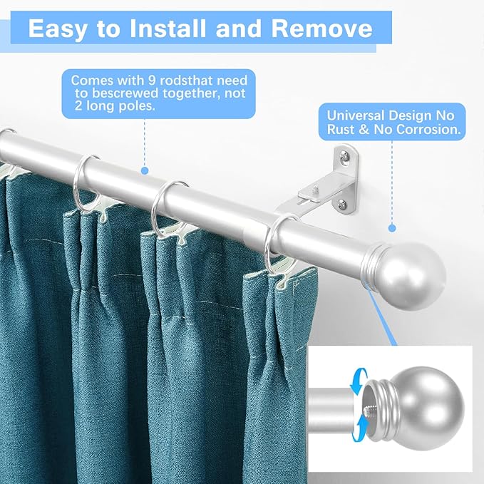 Curtain Rods for Windows 16 to 136 Inches, Curtain Rod Max Adjustable Length of 144 IN, 6/8" Diameter Drapery Rods Round Finials, Satin Silver, Pack of 2