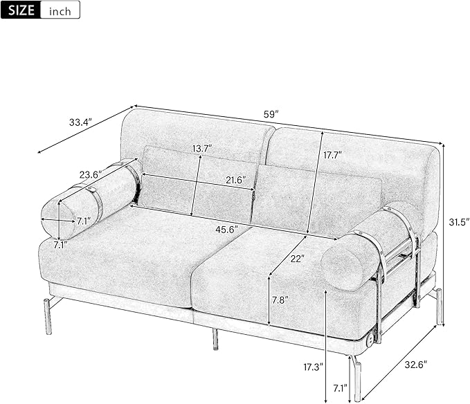 Modern Loveseat Sofa 59" Sofa Couch 2-Seater Sofa with Flexible USB Ports, Unique Cylindrical Armrests for Living Room, Beige