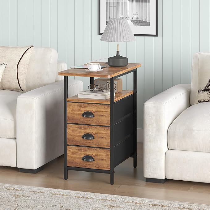 End Table with Charging Station, Side Tables Livingroom with USB Ports and Outlets,Narrow Nightstands Bedside Tables with 3 Drawers for Small Space,Slim Sofa Table Bedroom,Rustic Brown
