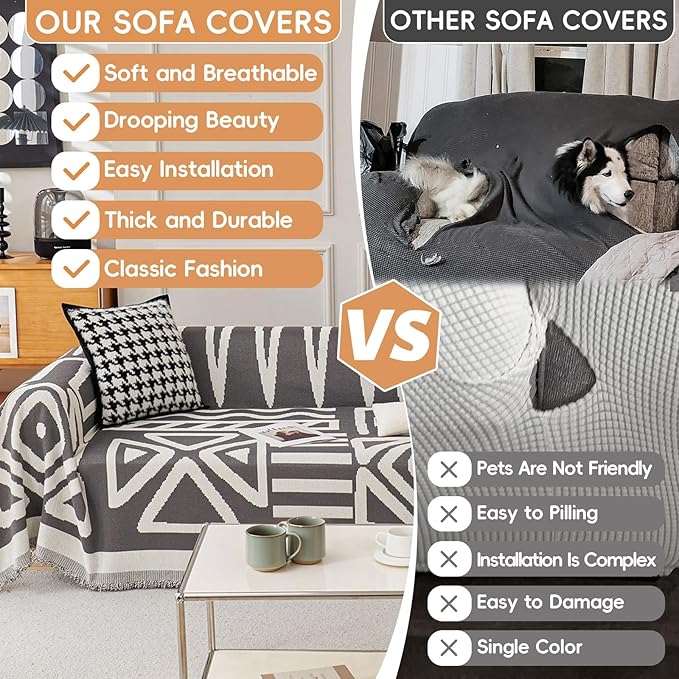 STACYPIK Boho Geometric Dark Grey Sofa Cover Chenille Couch Cover for Dogs Washable Armchair Slipcover for Living Room Sectional Sofa Cover for 2 Cushion Couch Sofa Jacquard Sofa Cover Decor-71X90IN