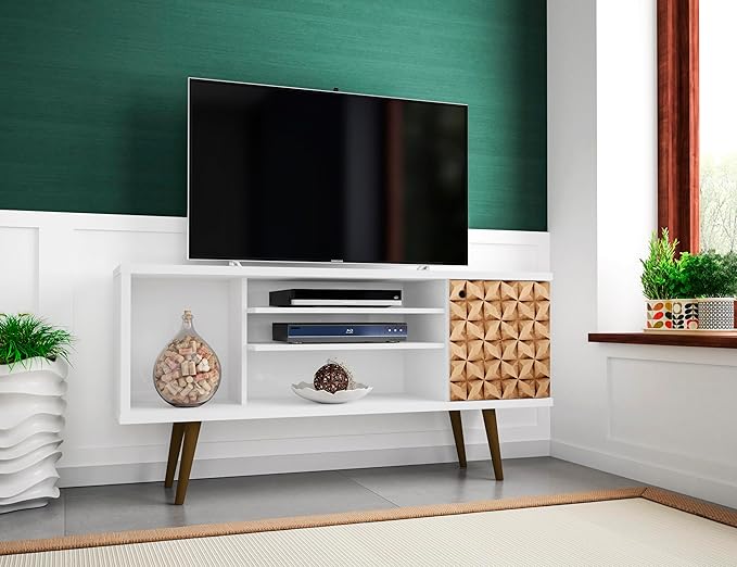 Manhattan Comfort Liberty Mid Century Modern TV Stand for Televisions up to 50 Inches, Bedroom and Living Room Entertainment Center with Storage, Shelves, and Cabinet, 53" Wide, White/3d Print