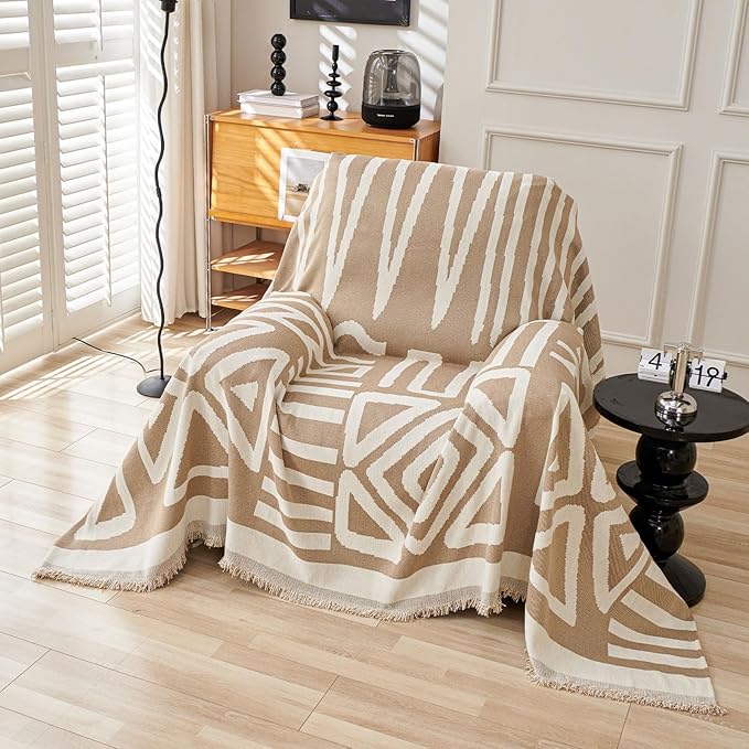 STACYPIK Reversible Khaki Beige Couch Cover Boho Couch Cover for Dogs with Tassels Anti-Slip Furniture Protector for 2 Cushion Couch Versatile Sofa Protector Washable Loveseat Cover Decor-71X102IN