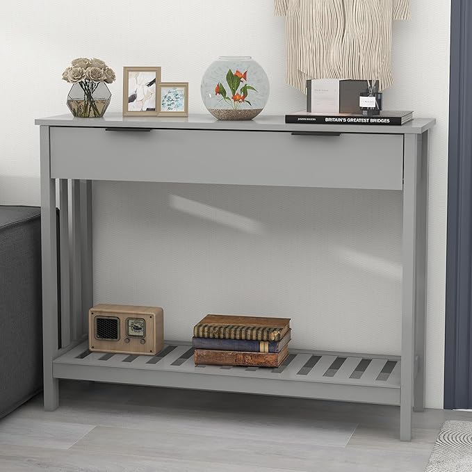 TaoHFE Entryway Table with Storage, Modern Sofa Table with Slatted Frame, Entry Way Table with Smooth Finish, Long Console Table for Hallway, Entryway, Living Room, Bathroom, Bedroom, Grey